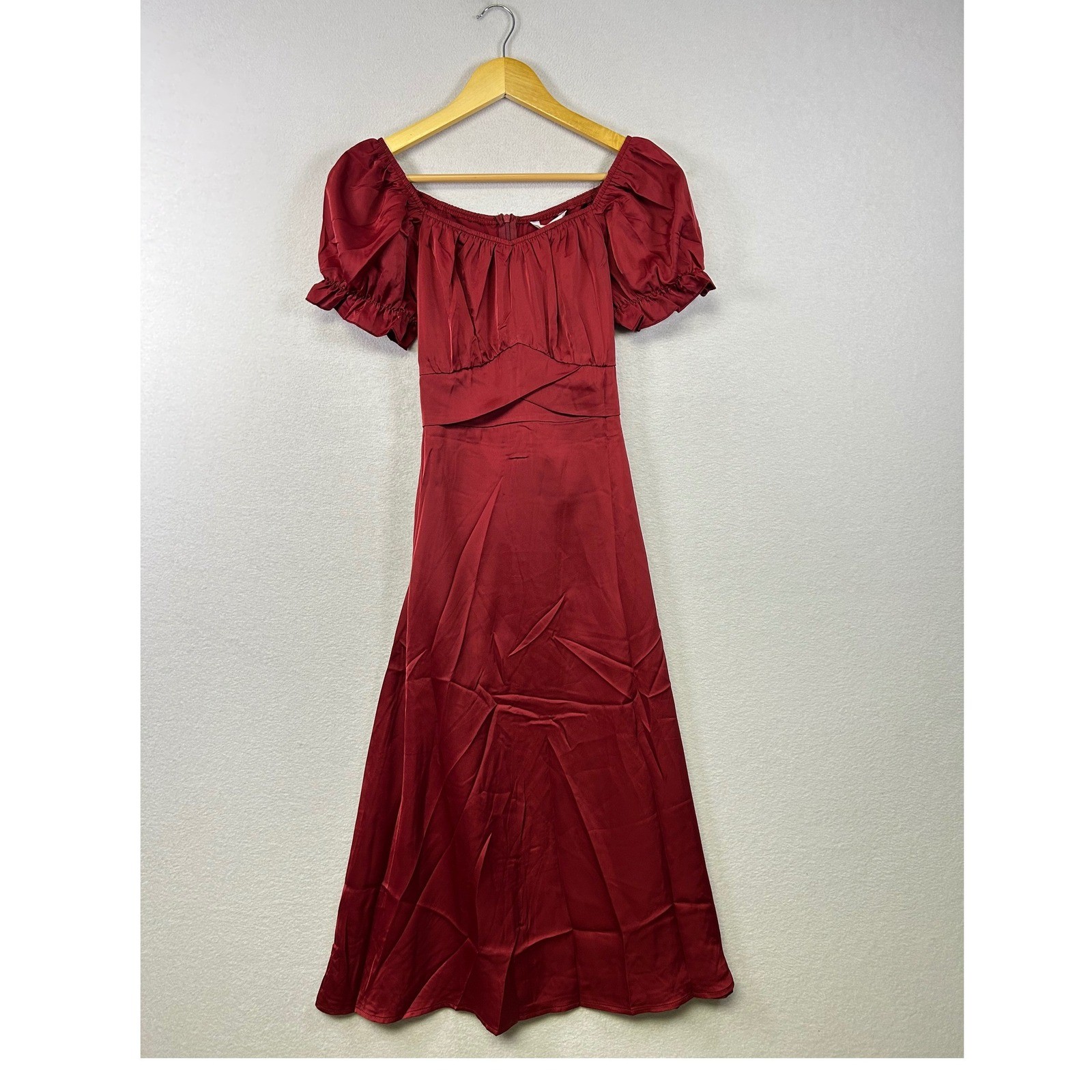 Kirundo Midi Dress Womens Small Burgundy New Puff Sleeve Satin A-Line Romantic
