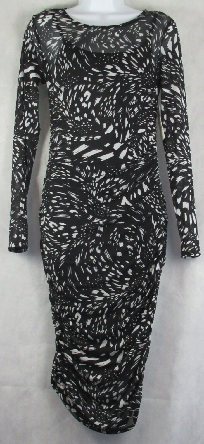 INC Women’s Mesh Bodycon Dress, Black White Animal Print, PS / Petite Small