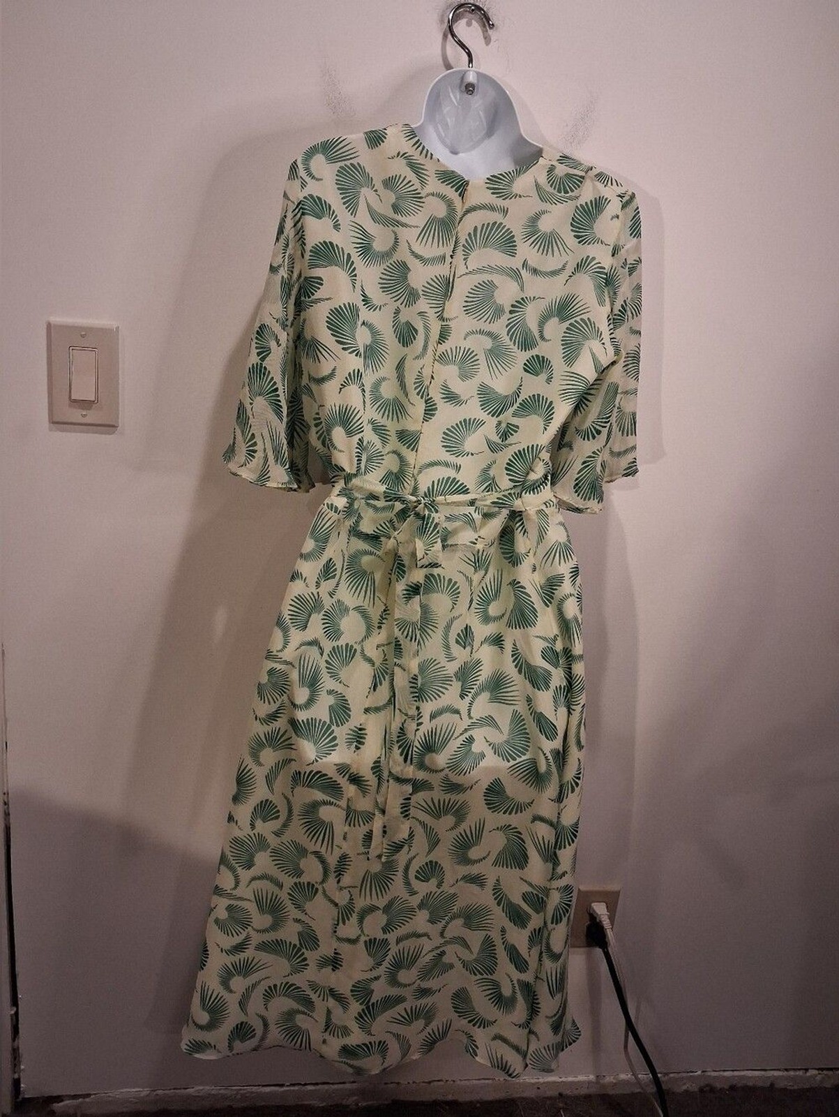Nancy Mac Size 2 1940s Style Silk Green Fan Print Midi Dress