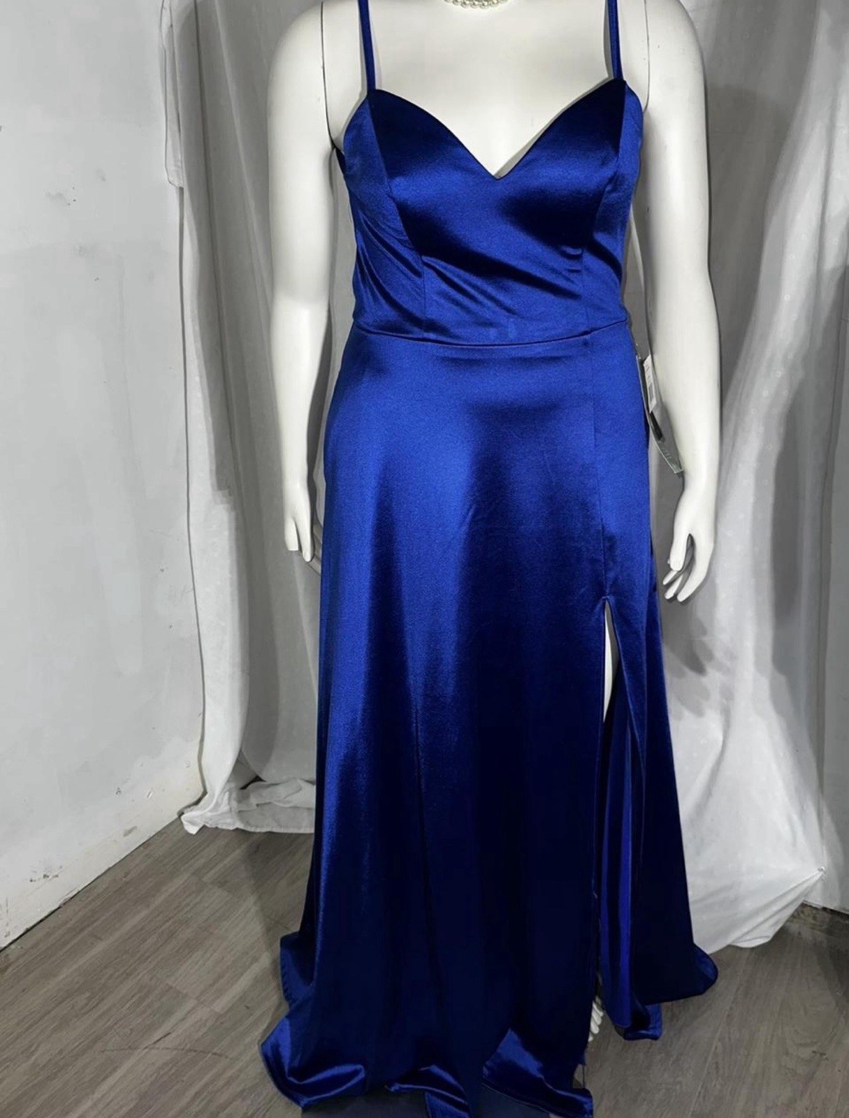 City Triangles Royal Blue Satin Strappy Gown Sheath Dress Slit Open Back Size 13