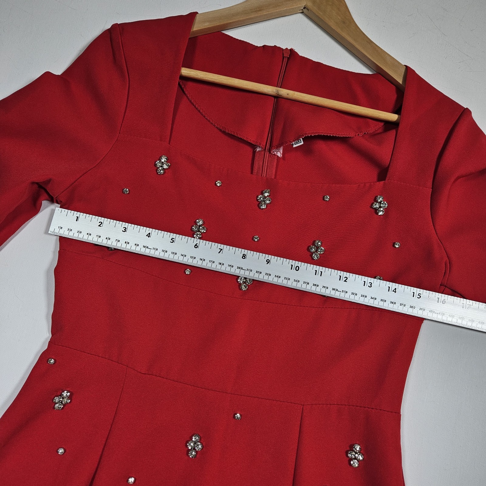 Mini Dress Womens Medium Red Rhinestone Beaded Square Neck Long Sleeve Party
