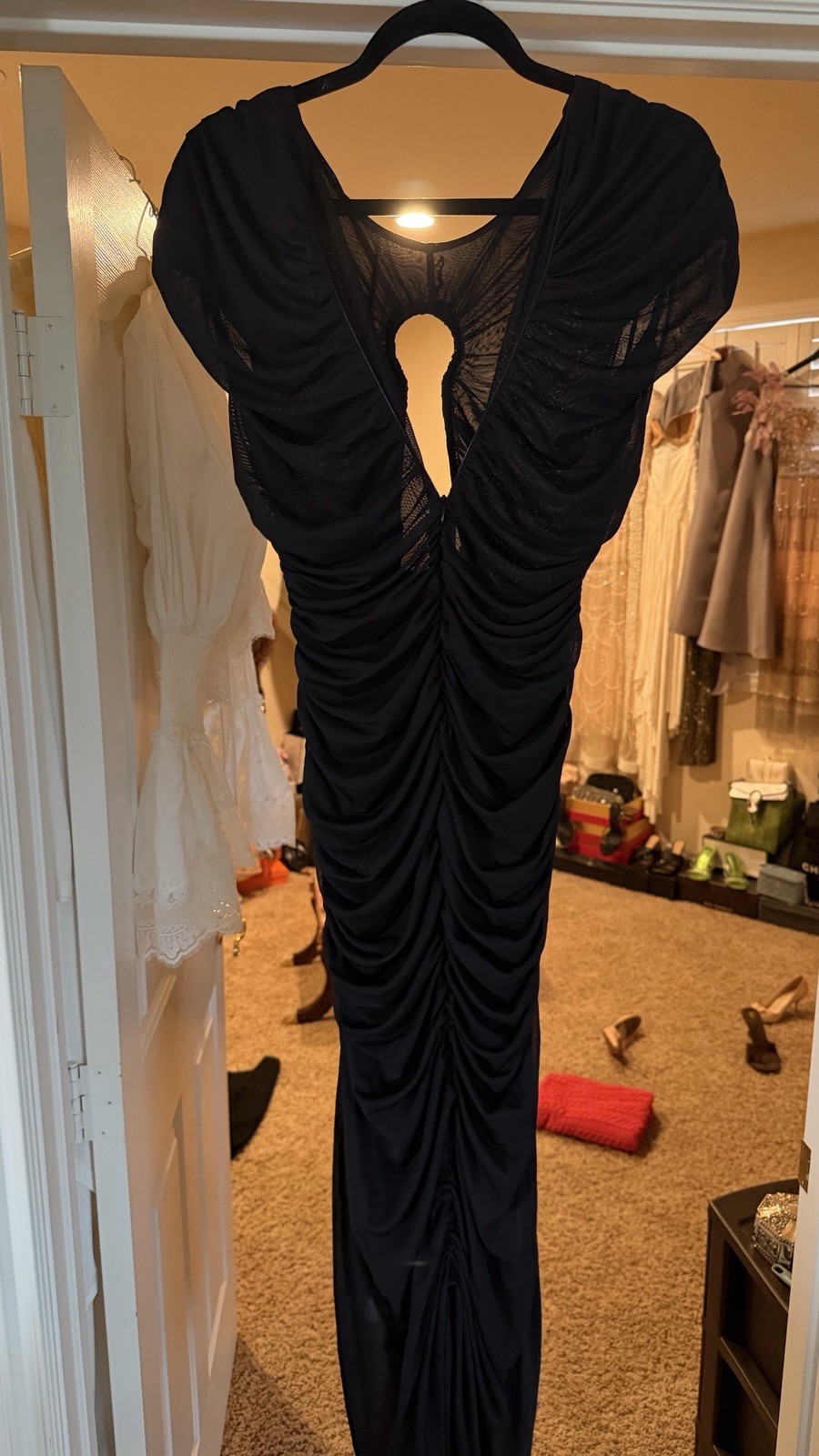 Women’s Black Ruched Mesh Cutout Maxi Dress Sheer Bodycon Evening Gown