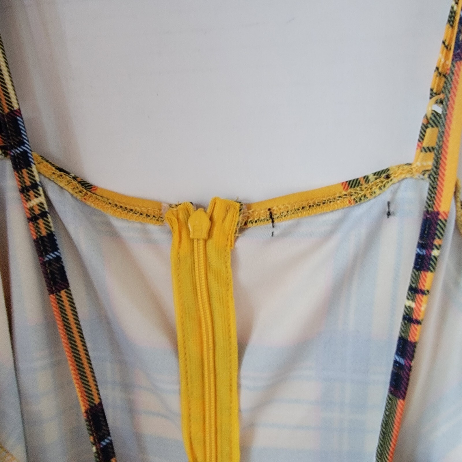 Yellow Plaid Spaghetti Strap Dress with Back Zipper