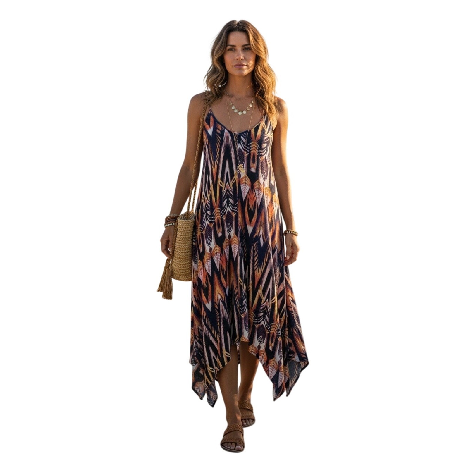 J for Justify Women’s Bohemian Multicolor handkerchief, midi sundress Size Med