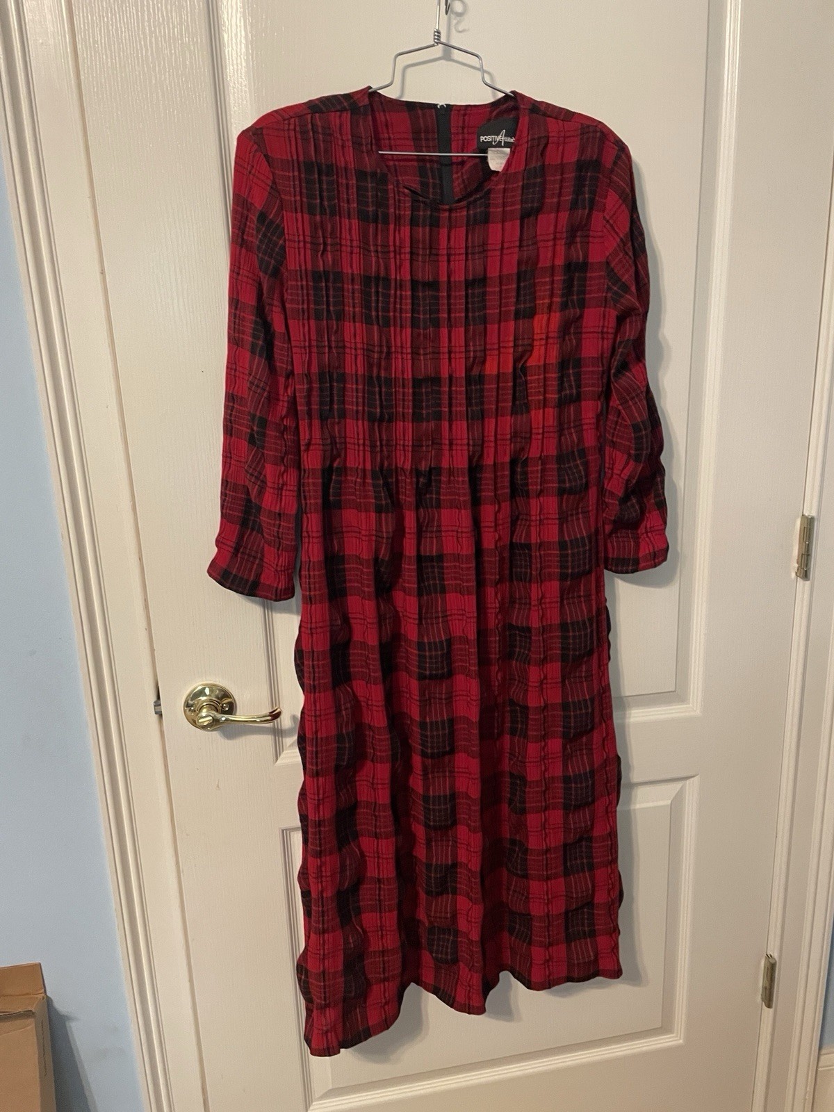 Red And Black Vintage Positive Attitude Dress Sz 14 Midi Plaid Zip And Tie Back
