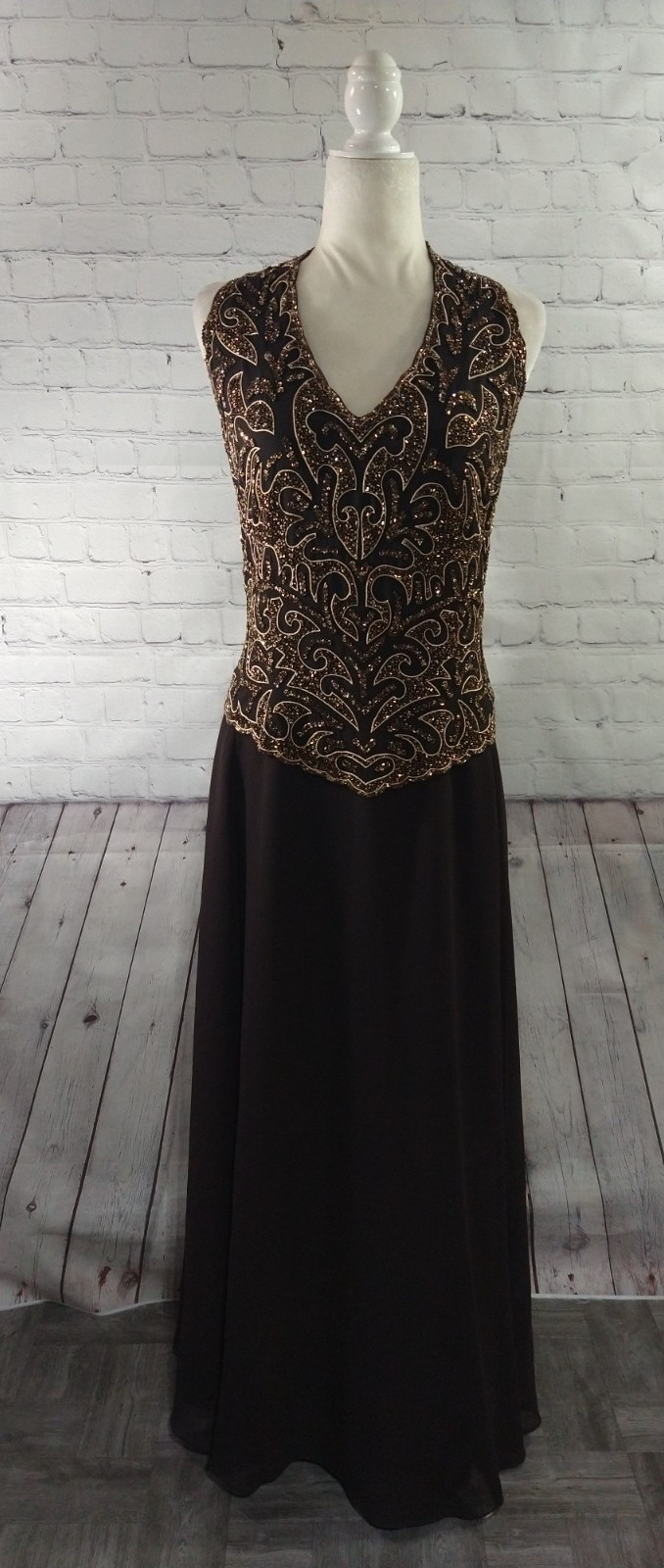 VTG women’s J KARA NEW YORK brown BEADED halter gown / full length – SIZE 12