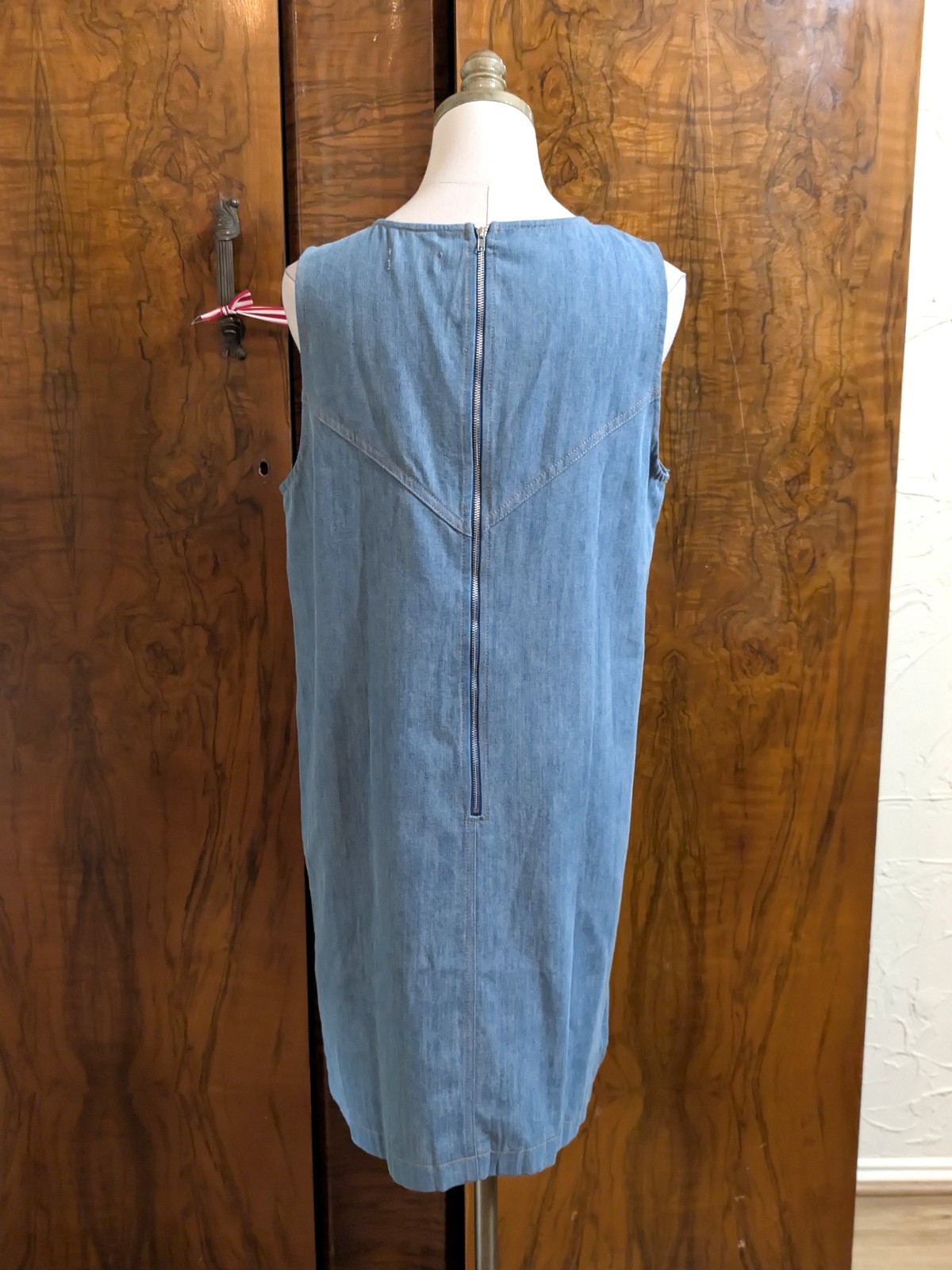 ADORA Chevron Patchwork Denim Dress M Light Wash Blue Shift Boho Hippie