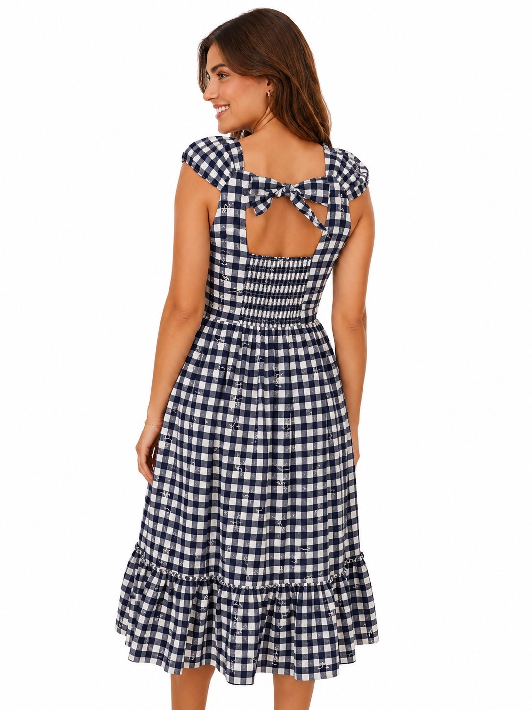 Blueberi Boulevard Navy Gingham Embroidered Midi Dress Bow Back Cottagecore Med