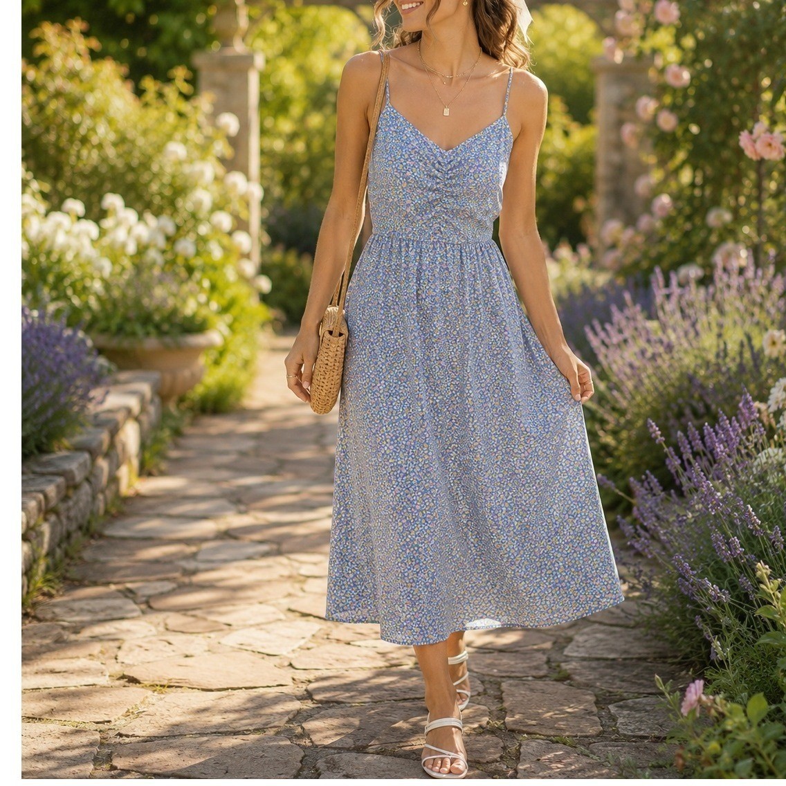 Womens Blue Floral Ditsy Sundress Women Large Pockets Ruched V-Neck Cottagecore