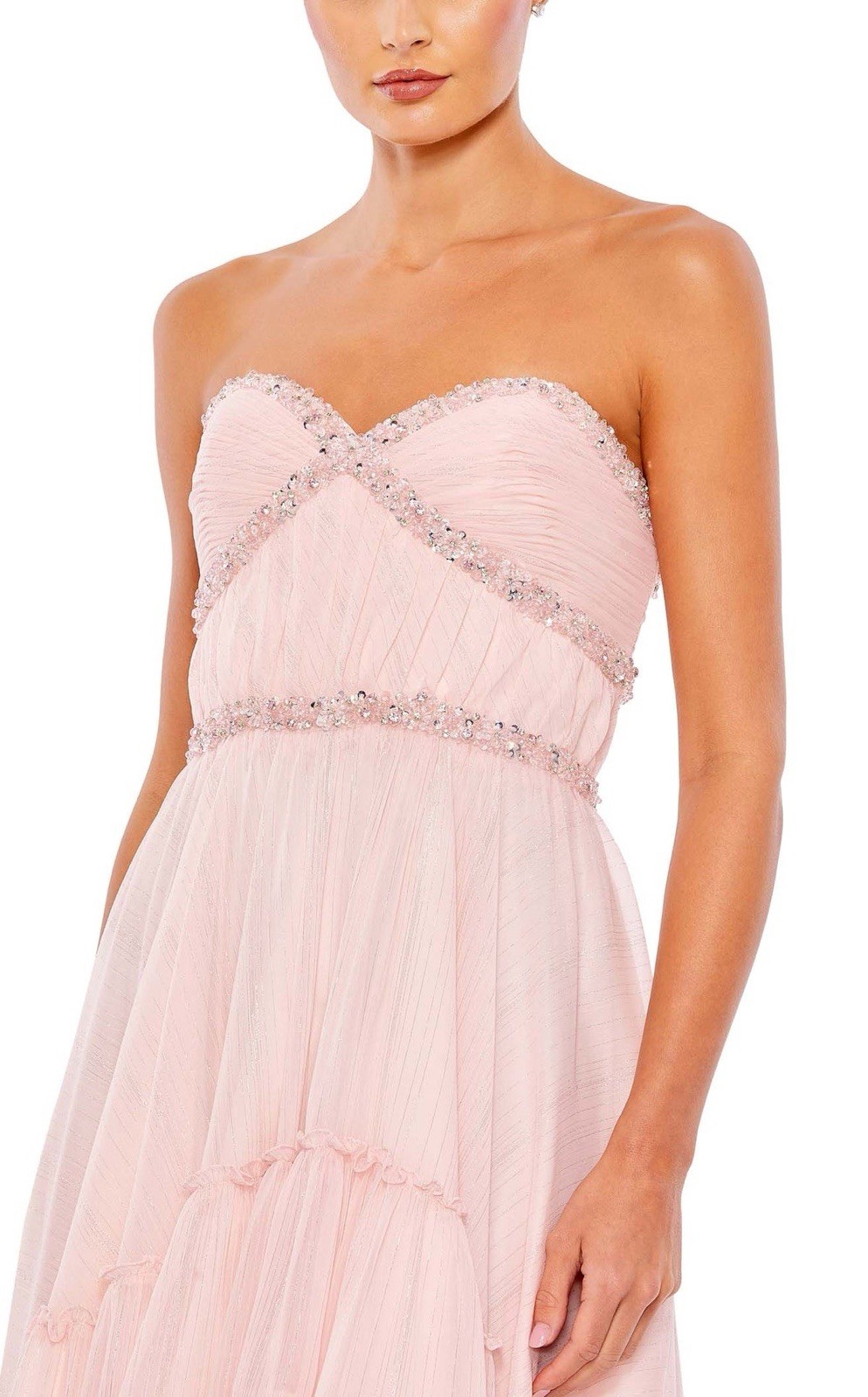 Mac Duggal Strapless Beaded Ruffle High Low Prom Gown in Ice Pink Sz 6 Princess