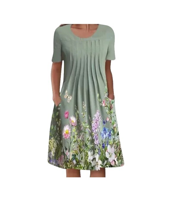 Women’s Summer Casual Round Neck Short Sleeve Folding Floral Printed Dress Sz L