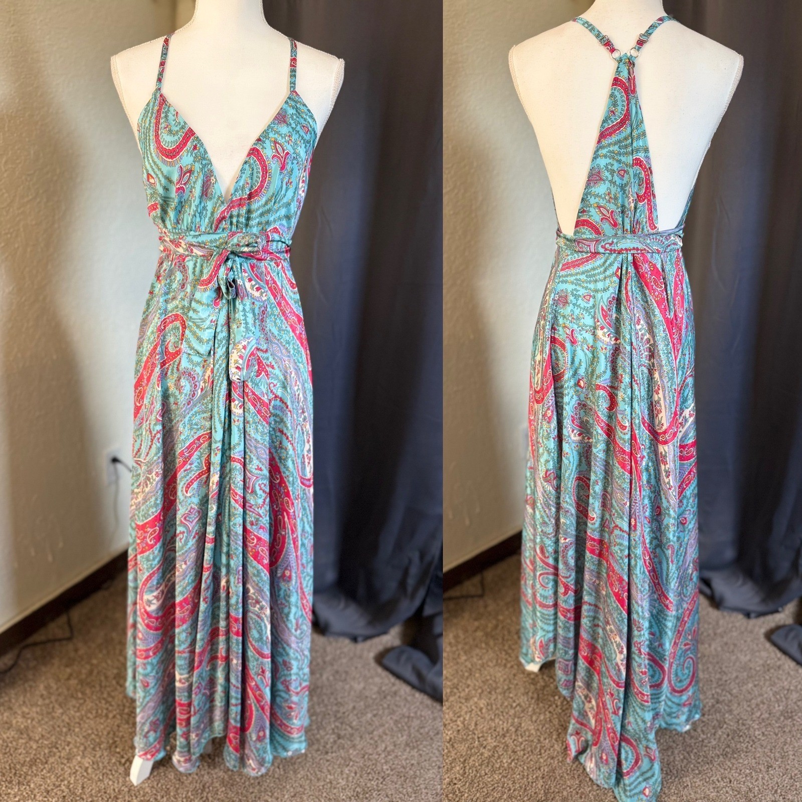 Advance Maxi Dress Womens One Size Teal Pink Paisley Silk Blend V-Neck Open Back