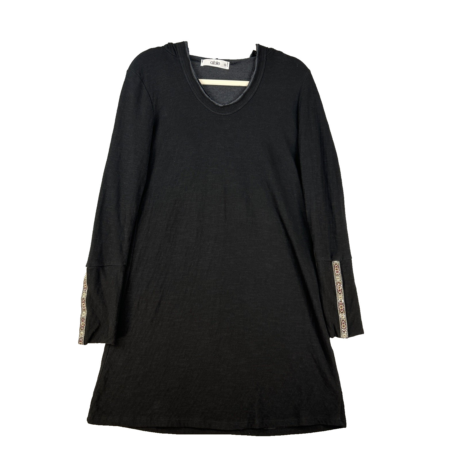 Able Clothing Knit Tunic Dress Hoodie Black Womens Med Embroidered Cuffs Button