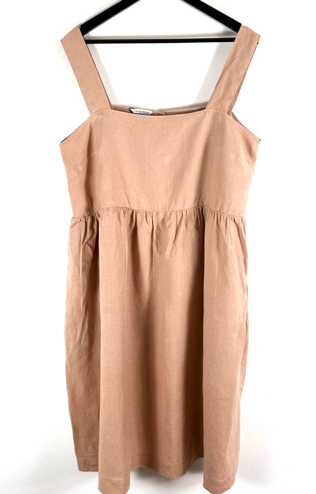 Linenfox Summer Linen Dress Womens XL Dusty Peach Square Neck Pinafore Pockets