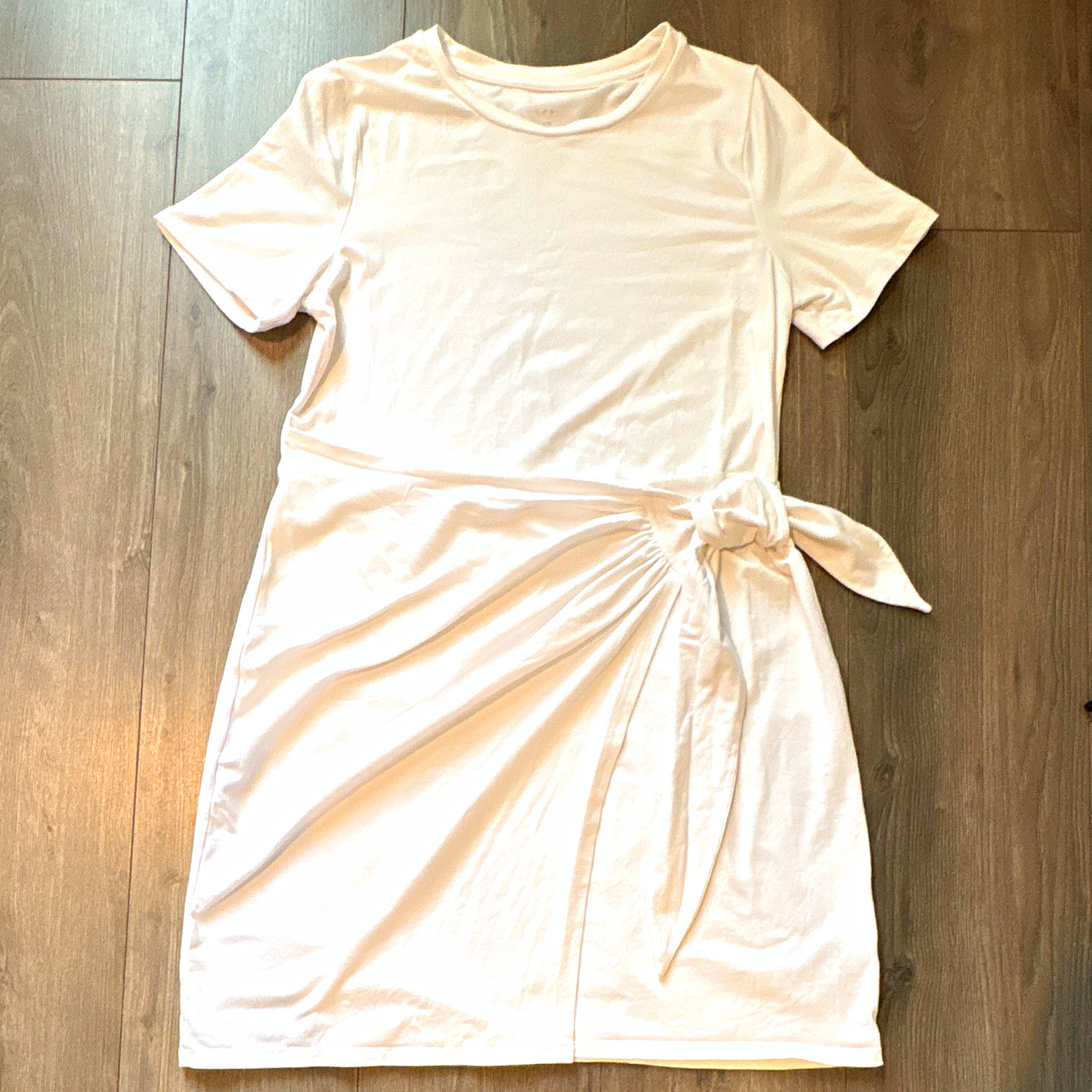 A New Day White Solid Knit T-Shirt Wrap Dress Round Neck Tie-Waist Stretch M
