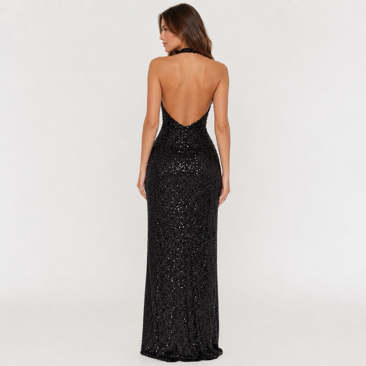 Fashion Nova Womens Hailie Black Sequin Halter Maxi Dress Plunge Slit Glam Sz L
