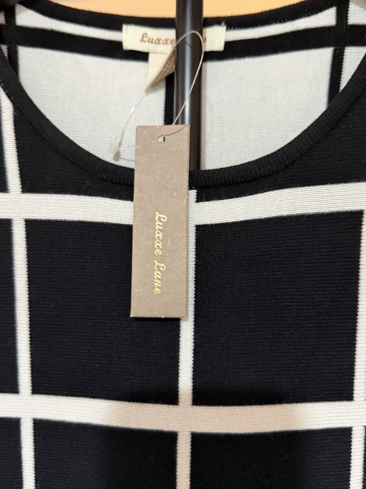 Luxace Lane Black/White Check Round Neck Knit A-Line Knee Dress Long Sleeve M