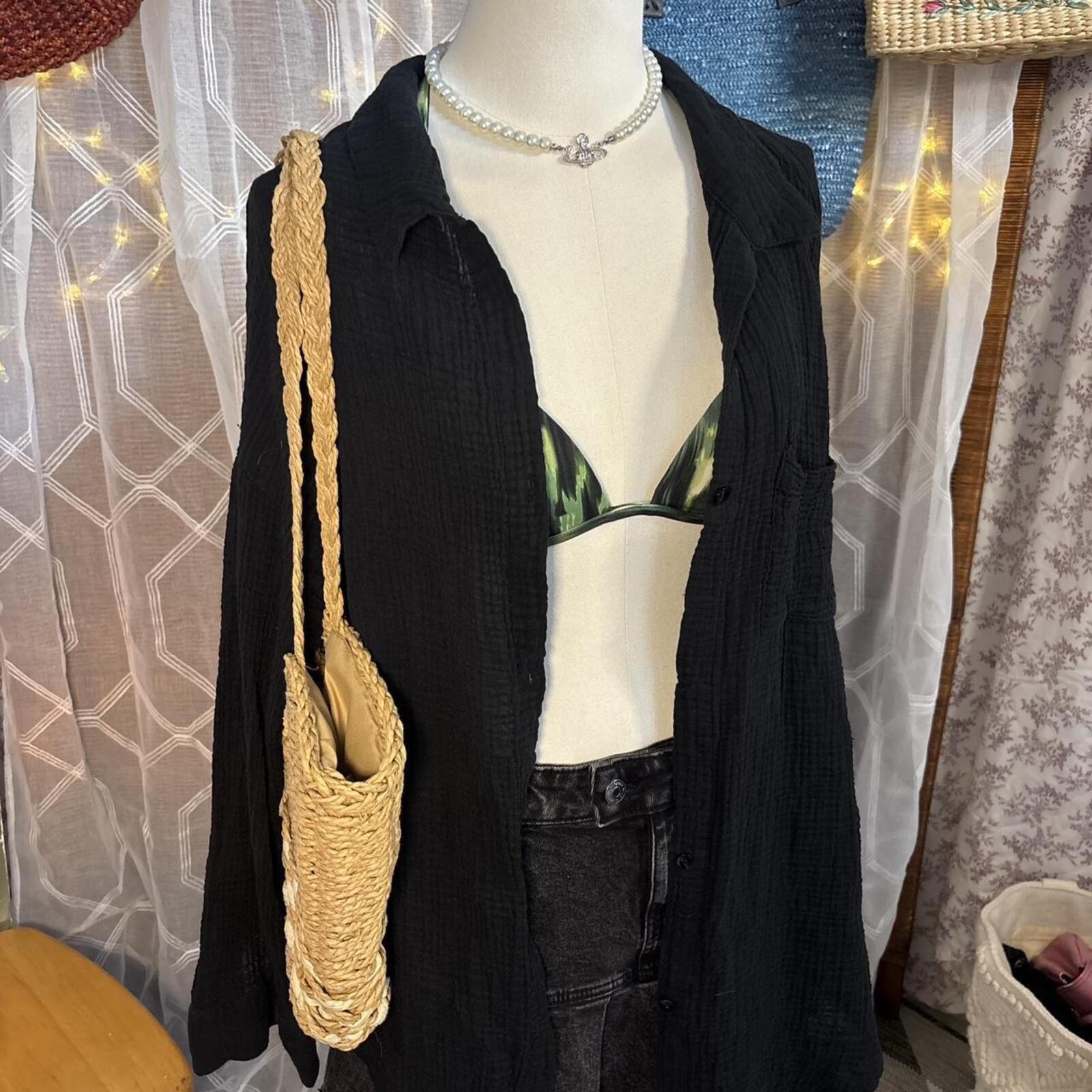 Shade & Shore Black Cotton Gauze Beach Cover Up Shirt Dress Boho Resortwear