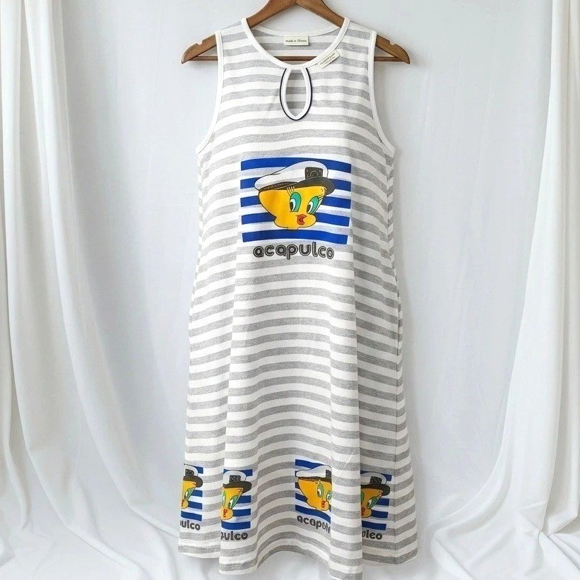 Tweety Bird Looney Tunes Midi Dress XL Nautical Striped Keyhole Beach