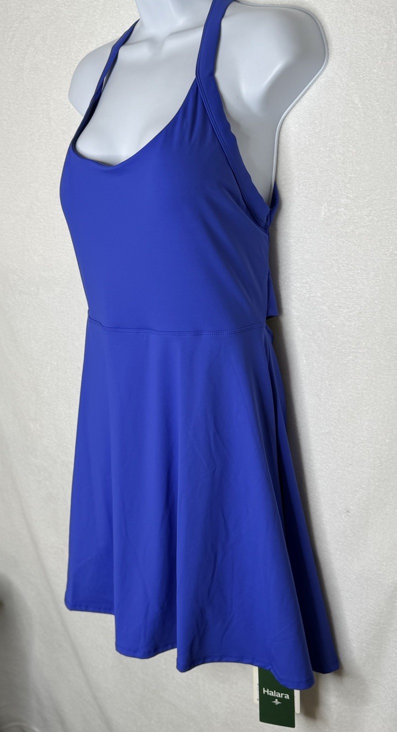 Halara Solid Blue Large Backless Twist Athleisure Dress Shorts Pockets Romper