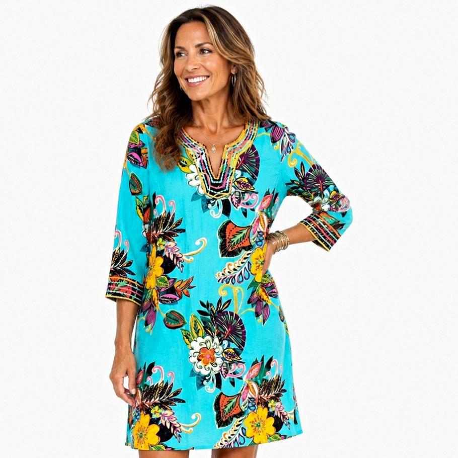 John Mark Tunic Dress Size M Embroidered Boho Tropical Floral Oversized Coastal