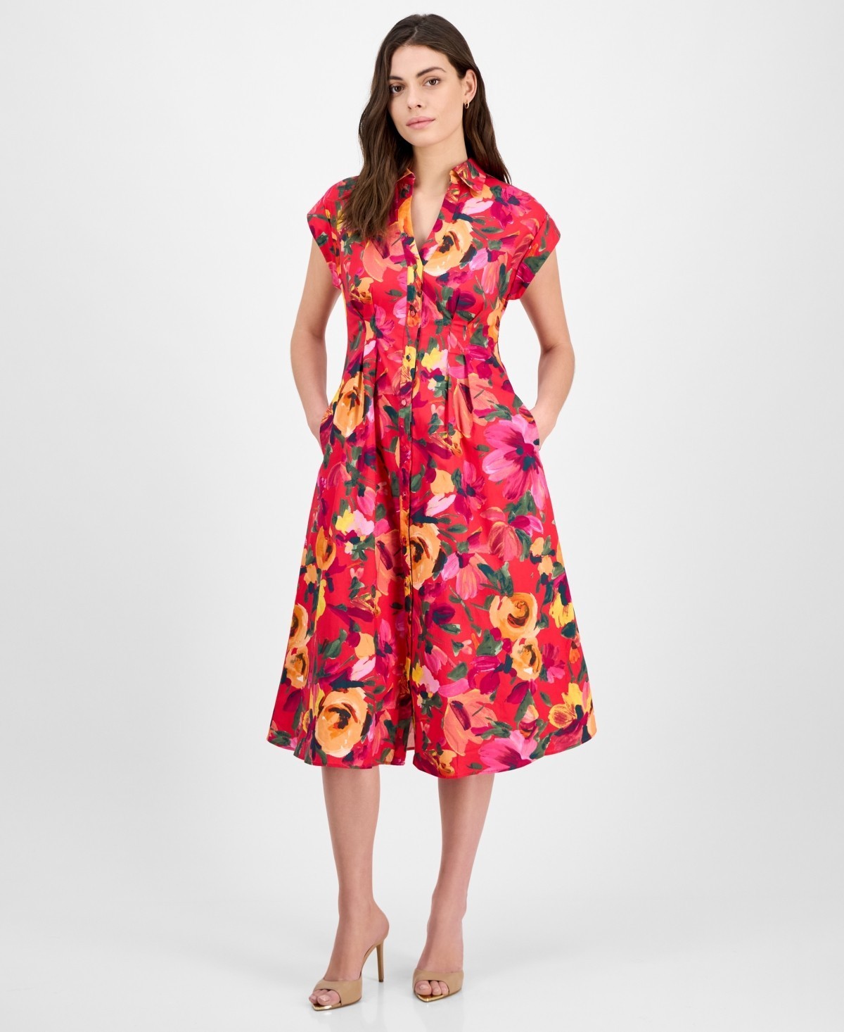 julia jordan Floral-Print Midi Dress Women’s 12 Red Multi Button-Front Closure