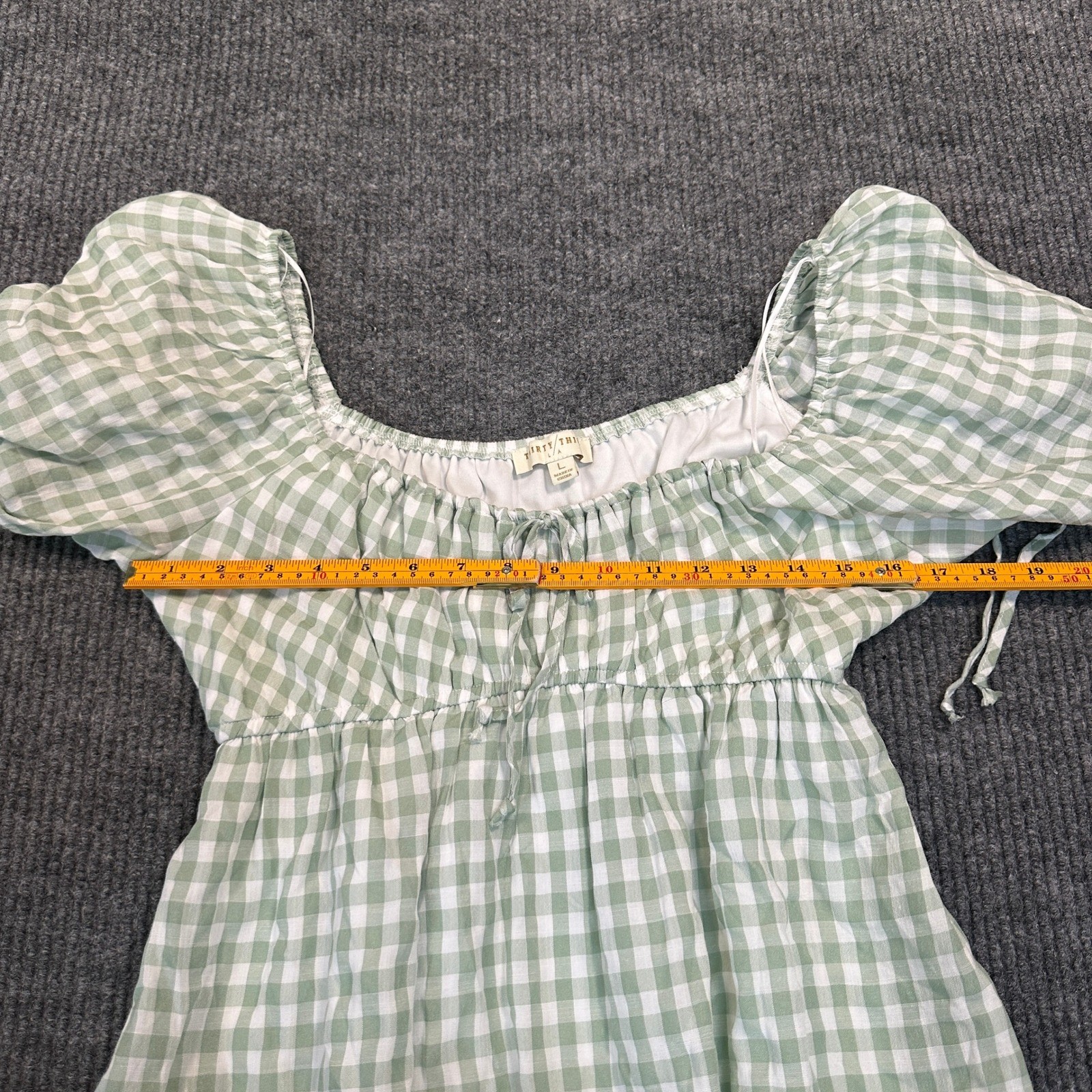 Thirty Third L/A Gingham Mini Dress Large Green White Puff Sleeve Cottagecore