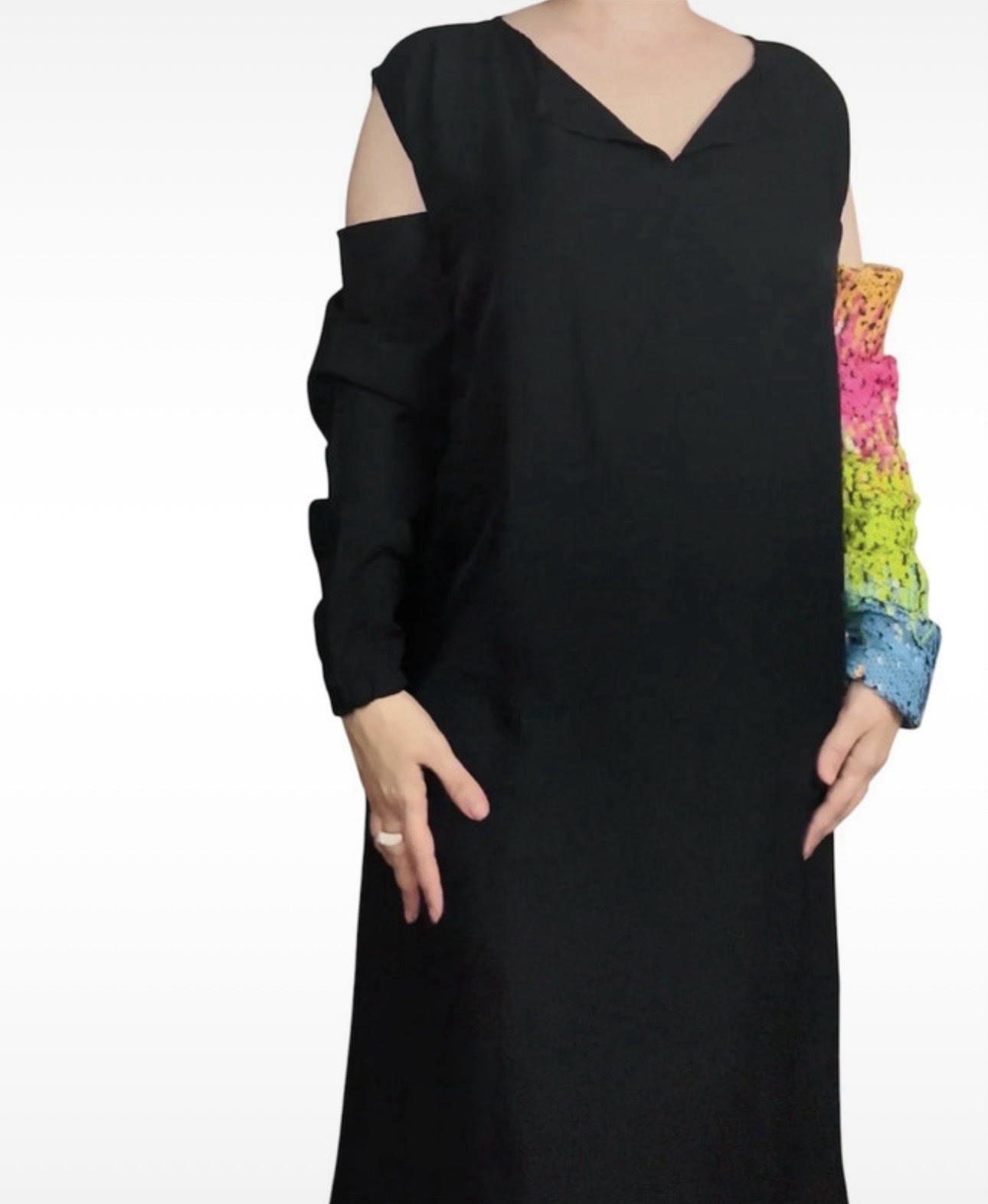 Black Cotton Dress with Multicolor Sequin Sleeves Size M