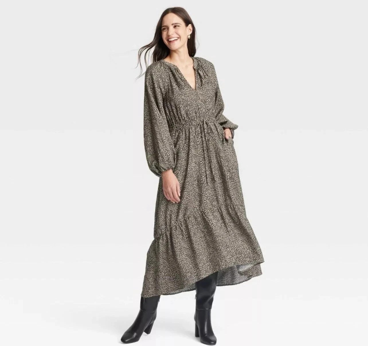 Women’s Balloon Long Sleeve Tiered Midi Dress – A New Day Brown Leopard Print XS
