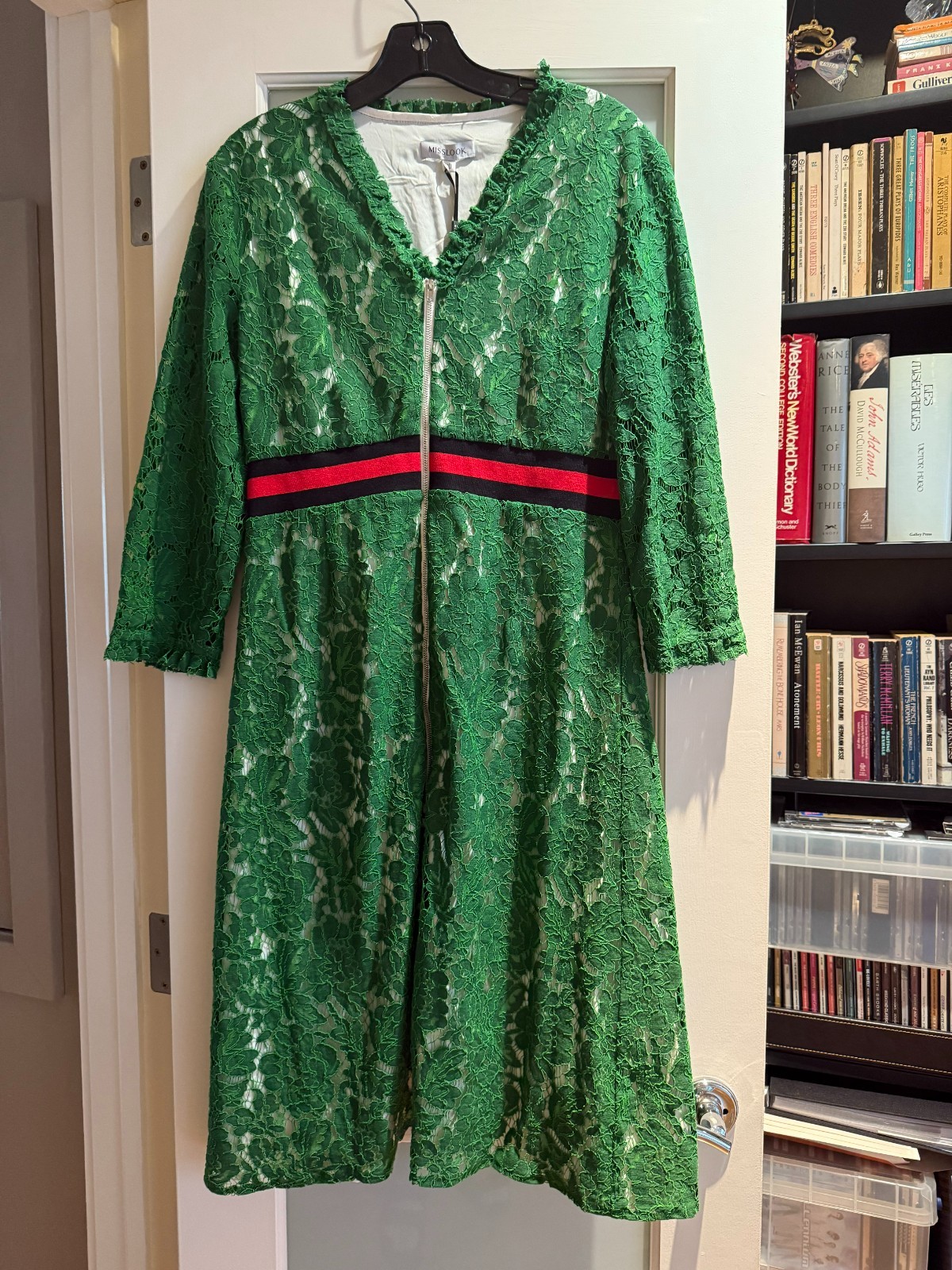 NEW WITH TAGS Misslook green lace dress with navy and red band under bustline