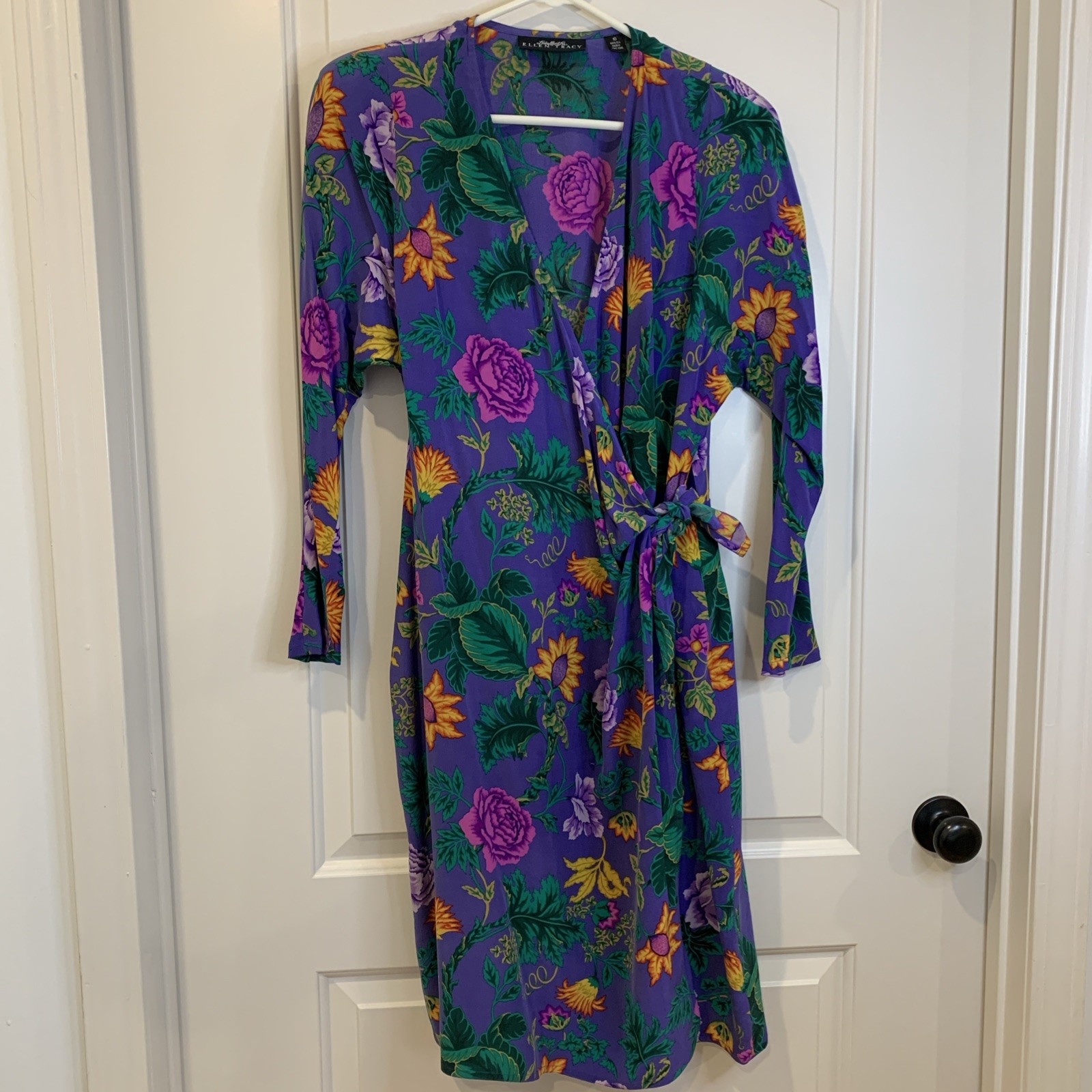 Vtg Linda Allard For Ellen Tracy Purple Floral Wrap Dress 100% Silk Size10