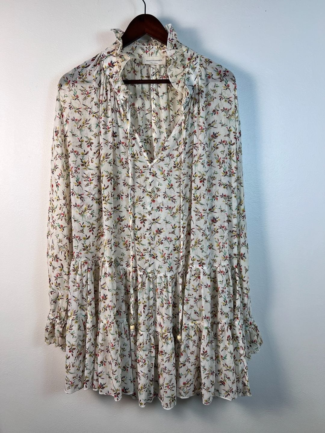 Saints & Hearts Floral Babydoll Mini Dress Cottagecore Boho Ruffle Long Sleeve
