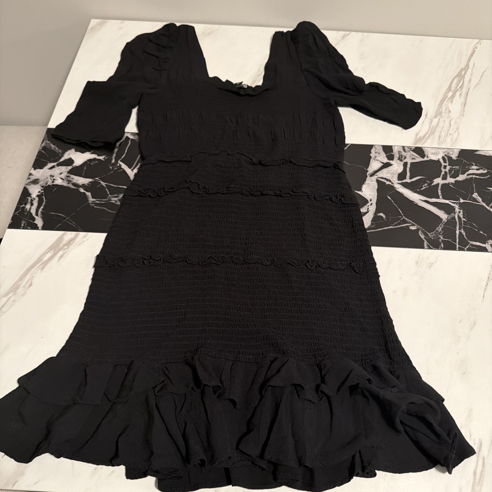 Black Ruched Layered Ruffle Dress Short Sleeve Size M Close To Knee Length
