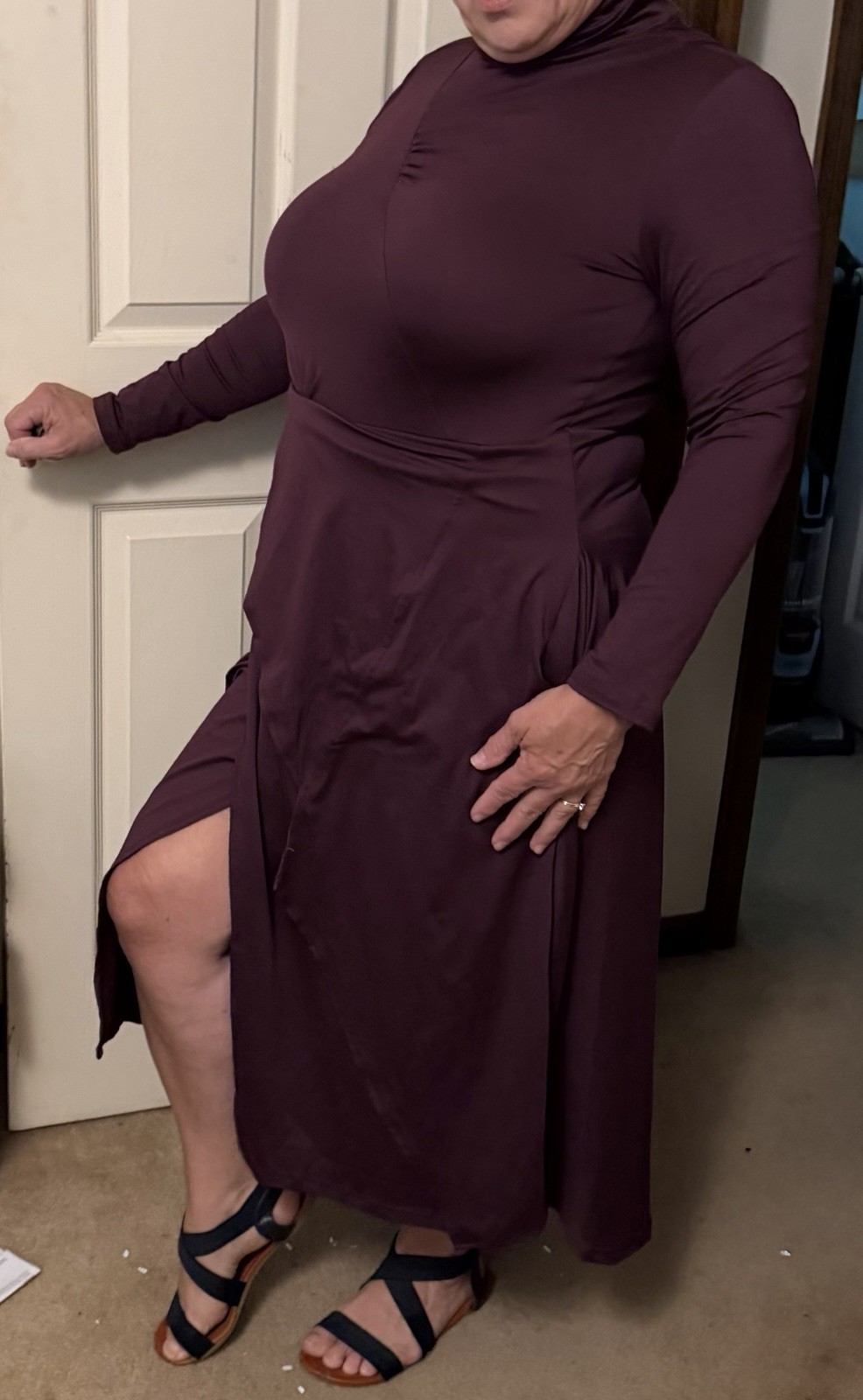 Grace Women’s Purple Solid Turtleneck Long Sleeve A-Line Midi Dress M Slit skirt