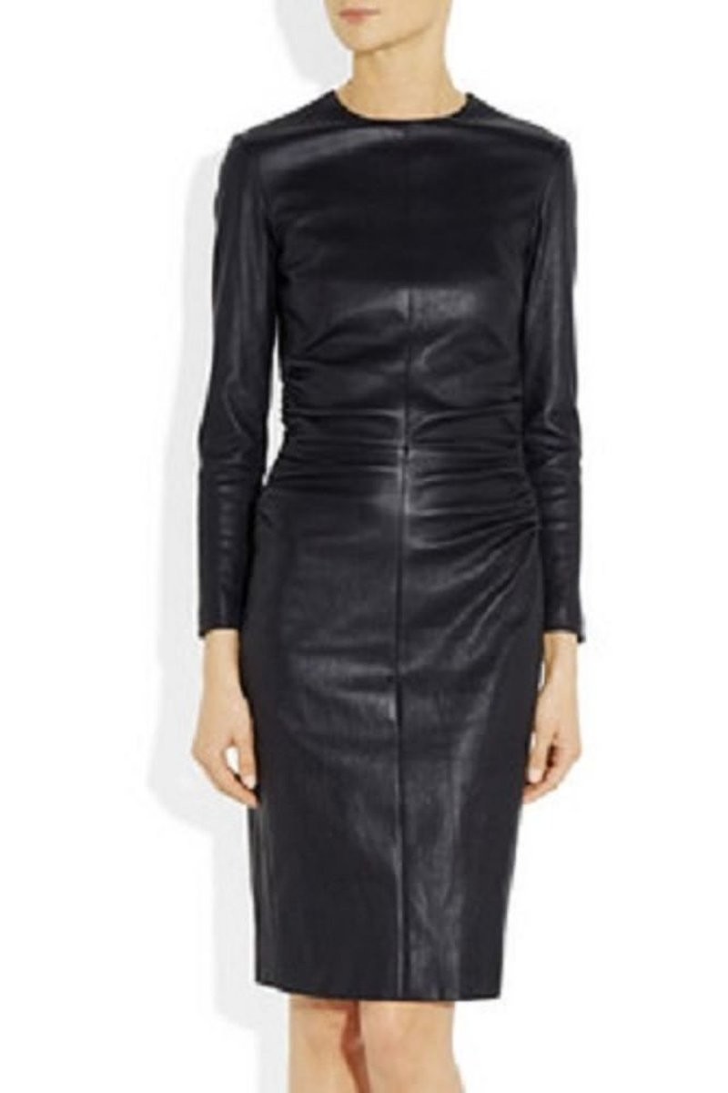 Women’s Black Lambskin Leather Dress Long Sleeve Bodycon Midi Dress