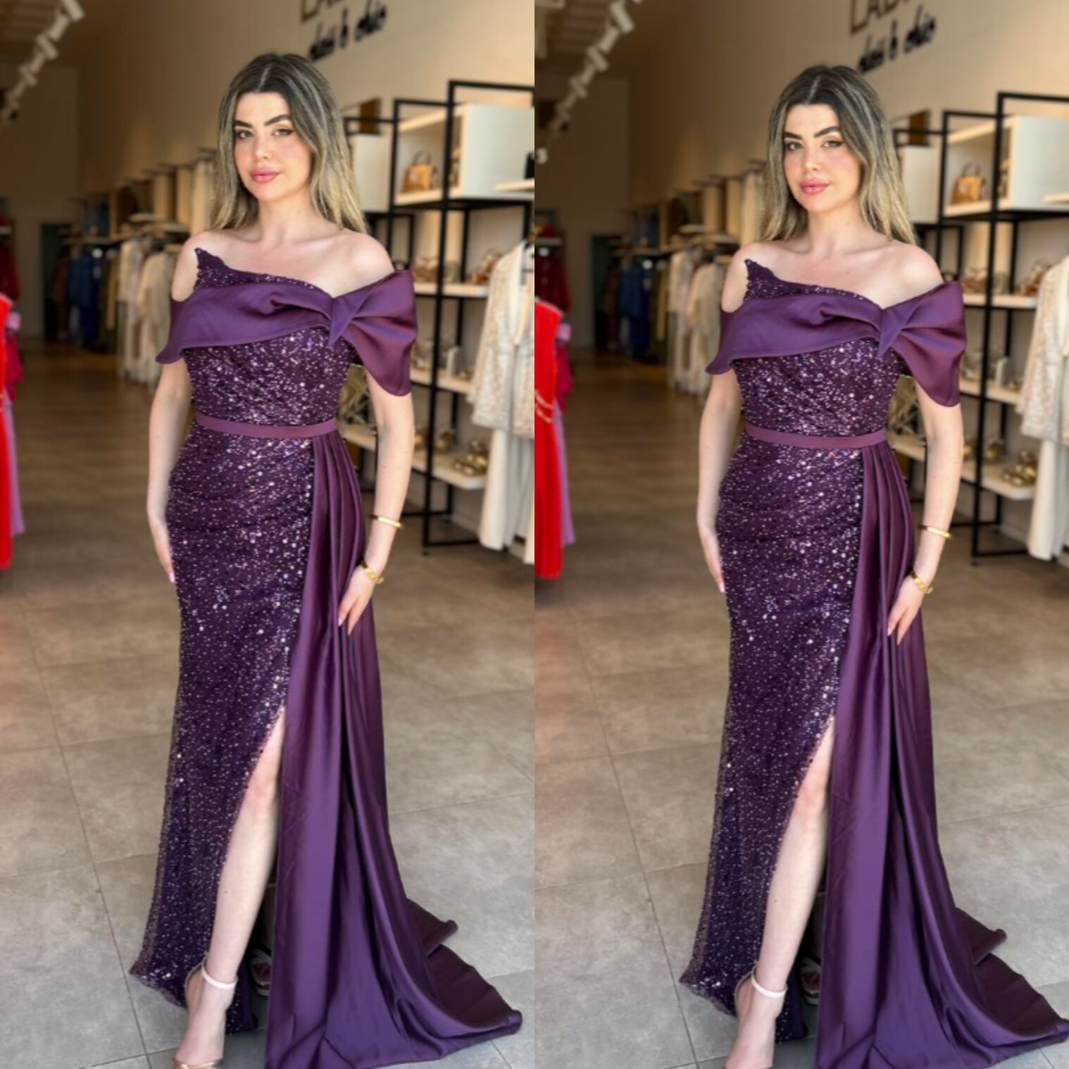 Purple Evening Dresses Party Formal Off Shoulder Sequined Split Long Prom Gowns