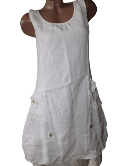 ​Made in Italy Lagenlook White 100% Linen Sleeveless Dress Boho Summer Tunic Siz