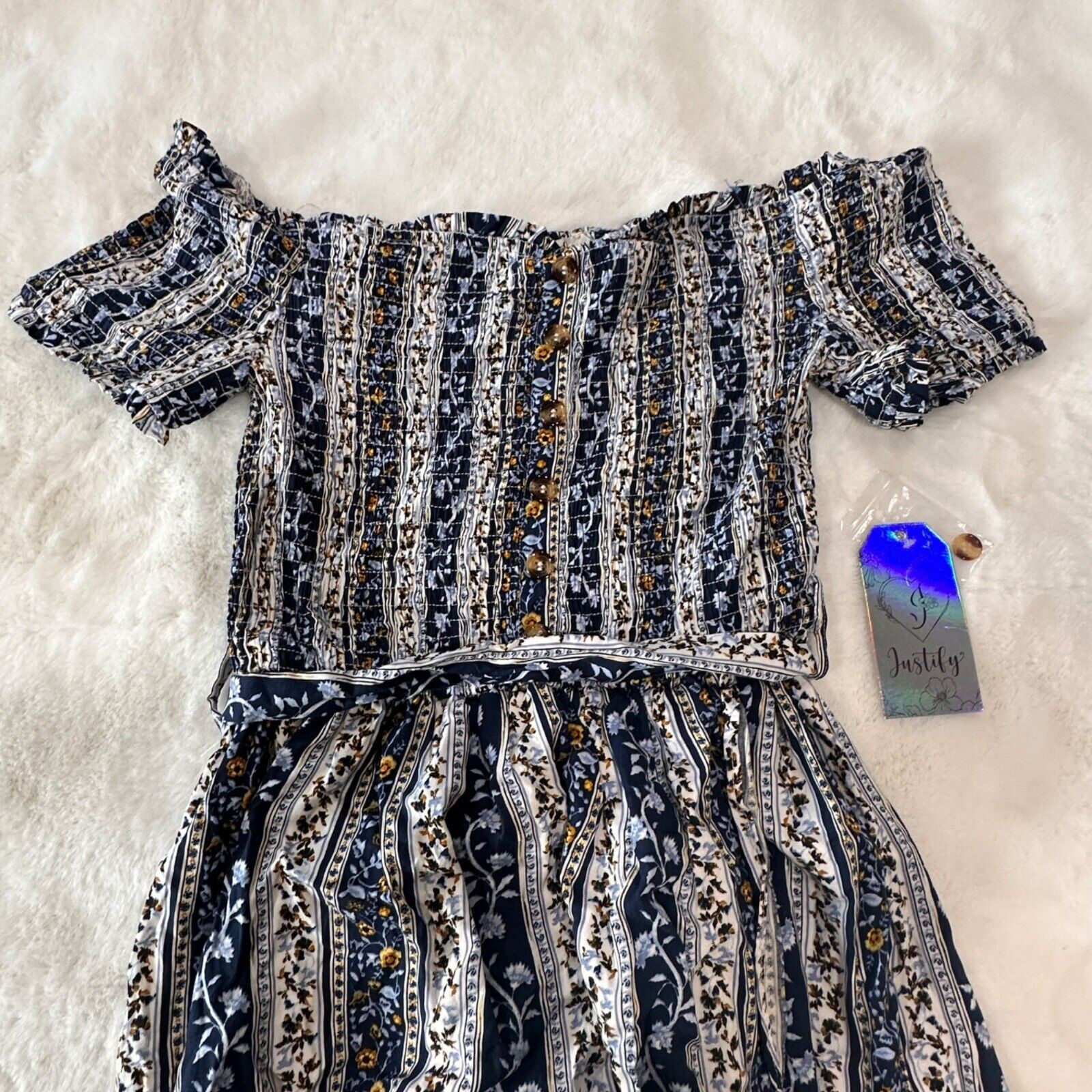 Justify Juniors Floral Hi-Low Boho Dress Size Large Off-Shoulder Button Front