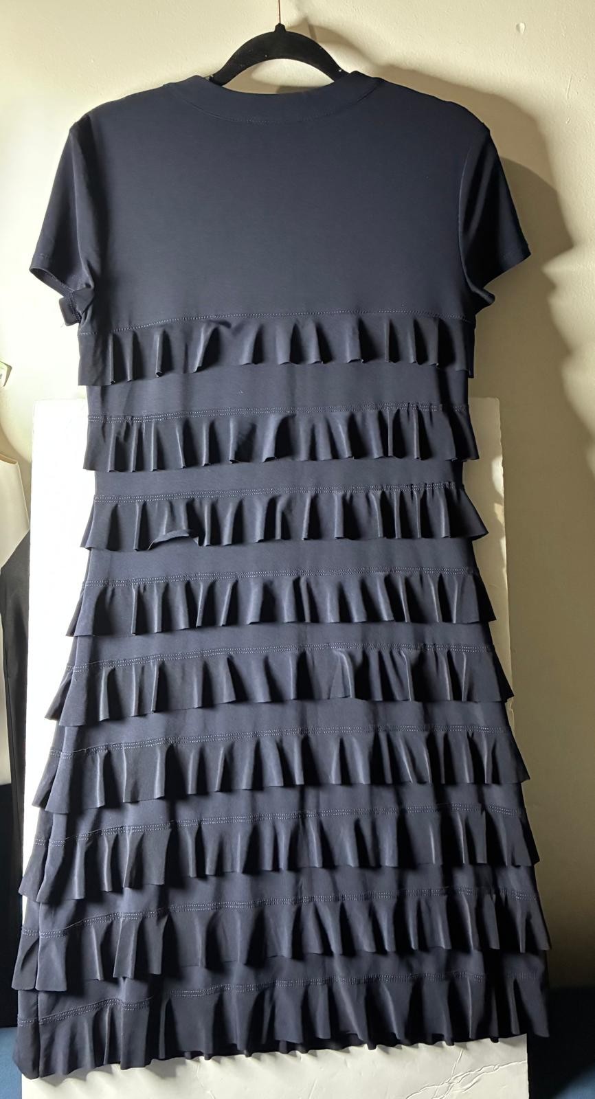 Joseph Ribkoff Blue Solid Shift Dress, Layered Pleated Short Sleeve, 8