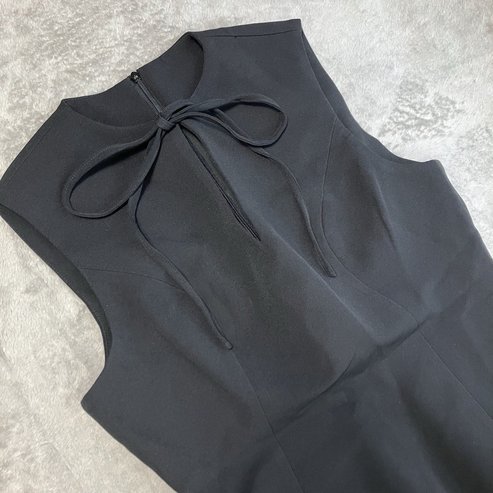 Commense Womens L Black Bow Neck Mini Dress White Pleated Hem Sleeveless Preppy