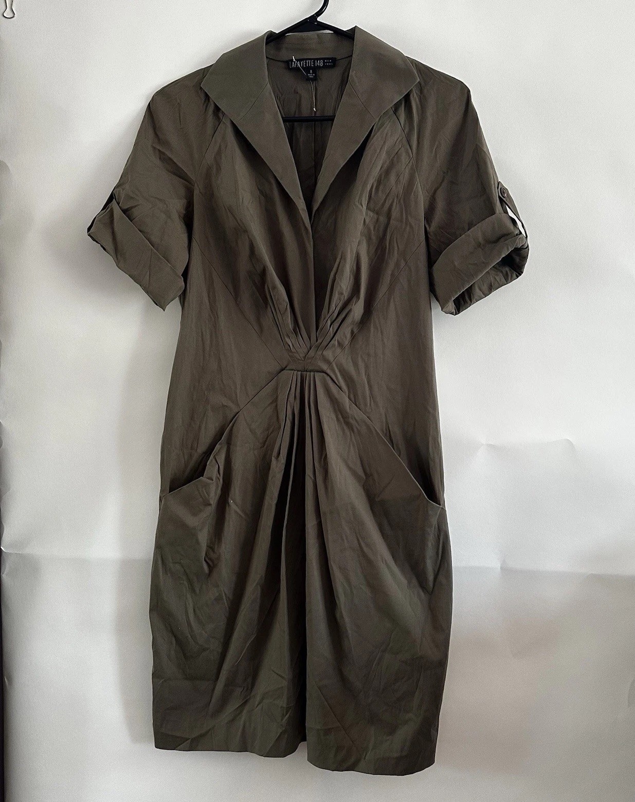 Lafayette 148 New York Shirtdress Size 8 Olive Green Cotton Blend Pleated
