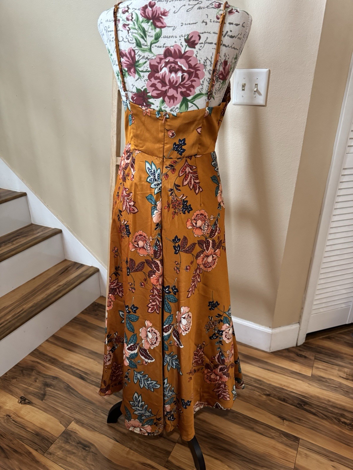 Selfie Leslie Floral Satin Slip Maxi Dress Cowl Neck Side Slit Brown 10