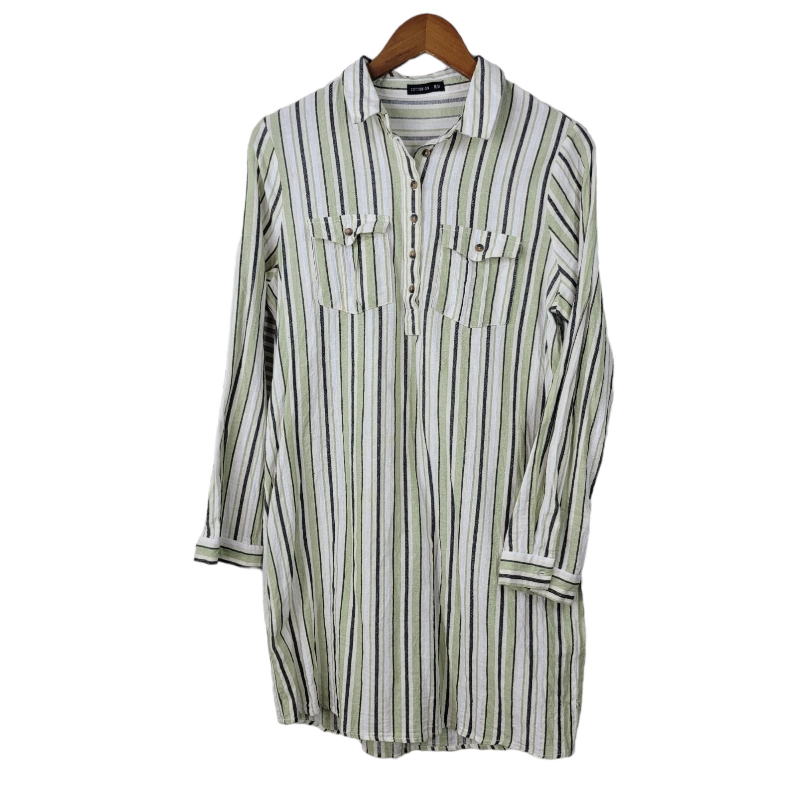 Cotton On size Medium Shirt Dress button up green beige Stripe casual