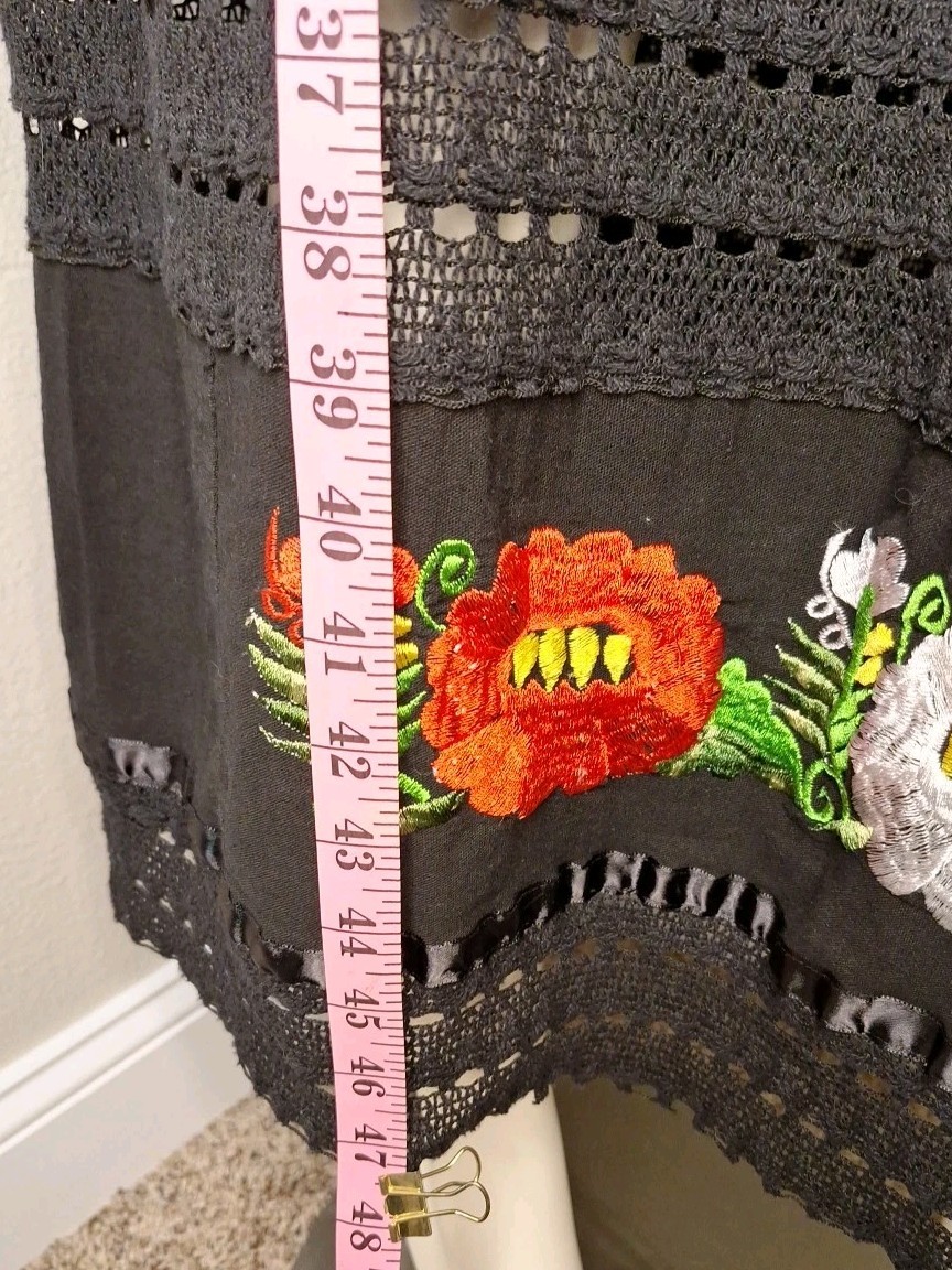 Black Long Mexican Dress Embroidered Colorful Flowers Size S Lace Trim Mexico
