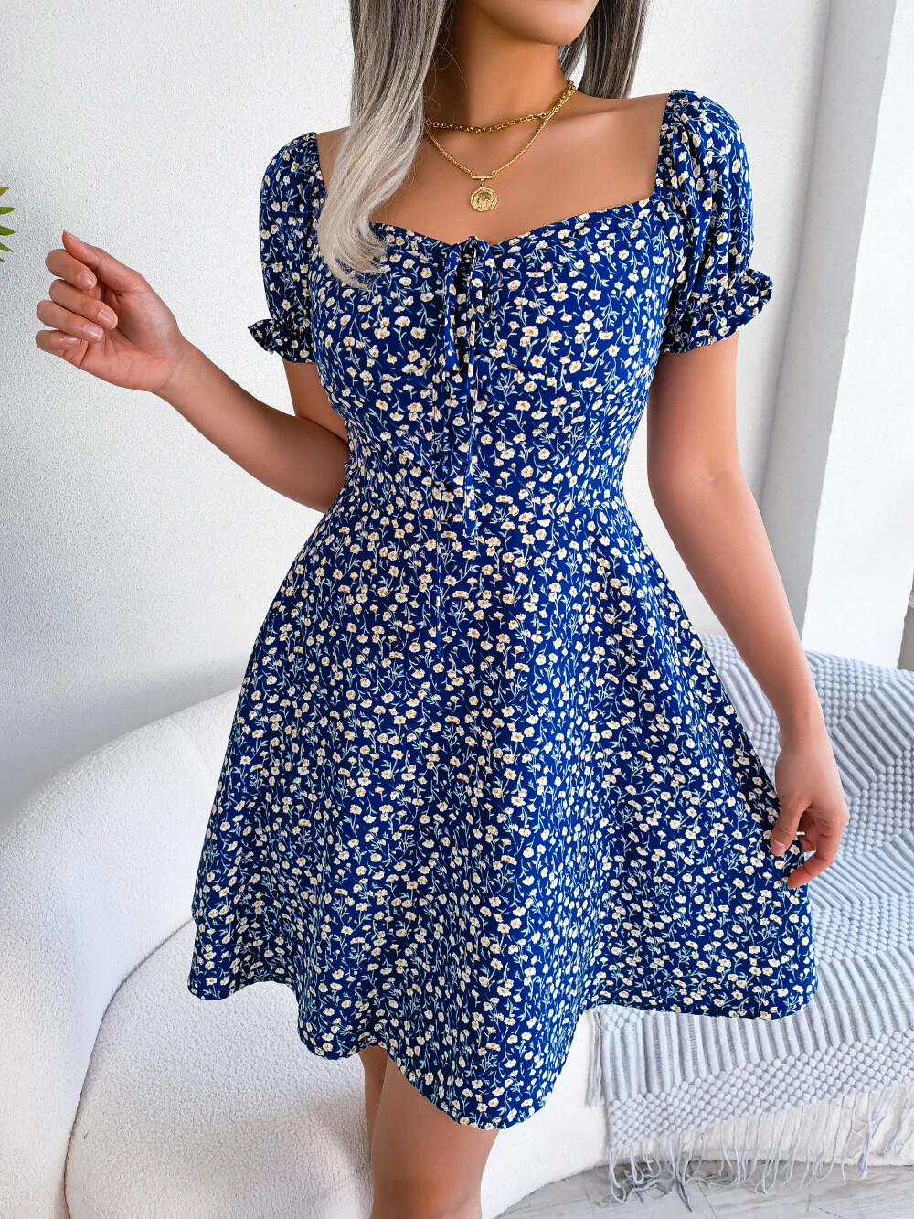 Spring Summer Square Collar Floral Ruffles Mini Dress Women Casual Flare Sleeves