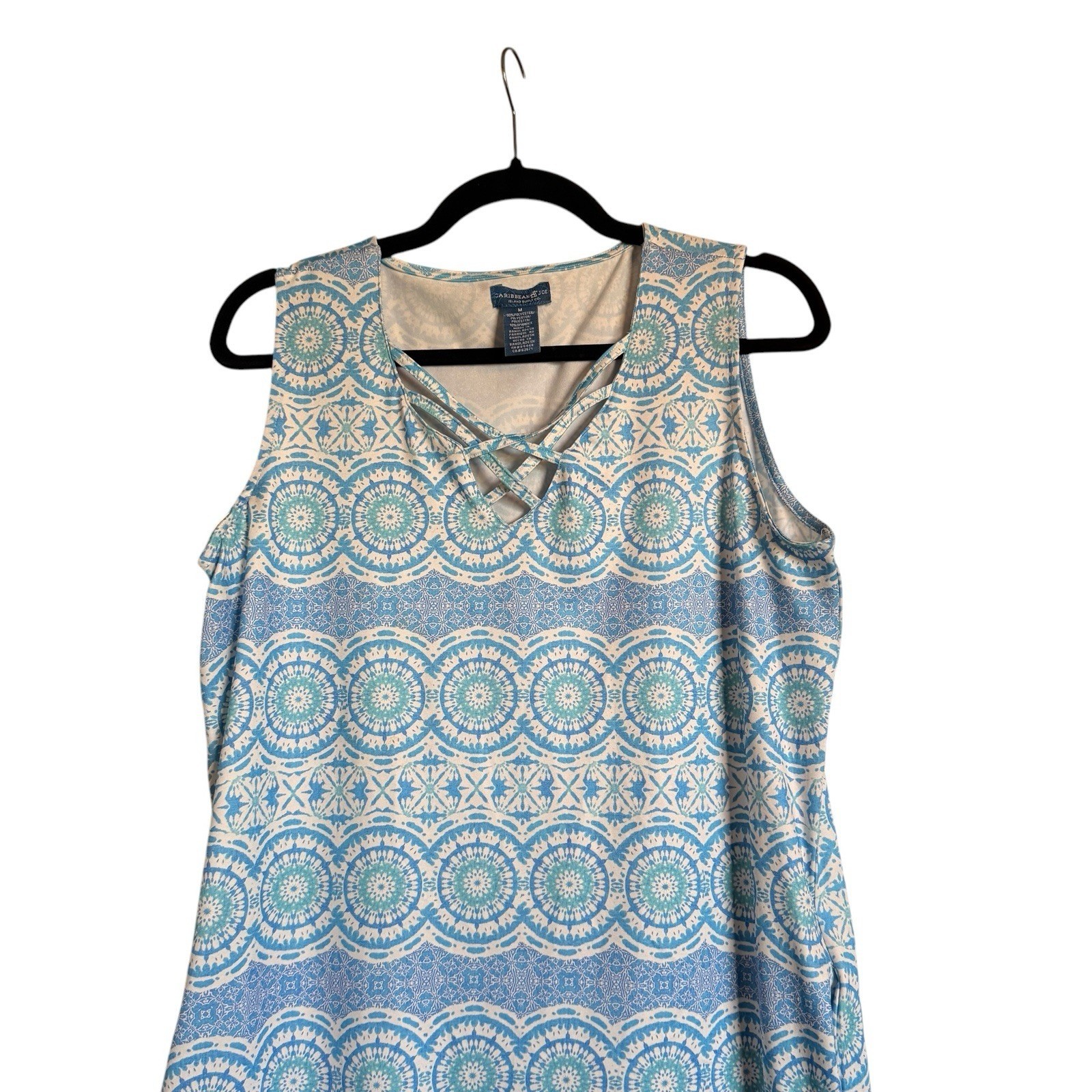 Caribbean Joe Blue Medallion Print Lattice Neck Sleeveless Shift Dress Pockets M