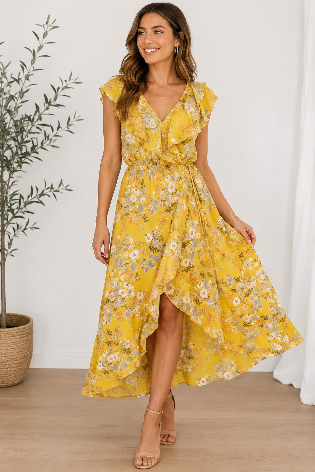 Socialite Yellow Floral Faux Wrap Midi Dress Women’s Small Ruffle Boho Spring S
