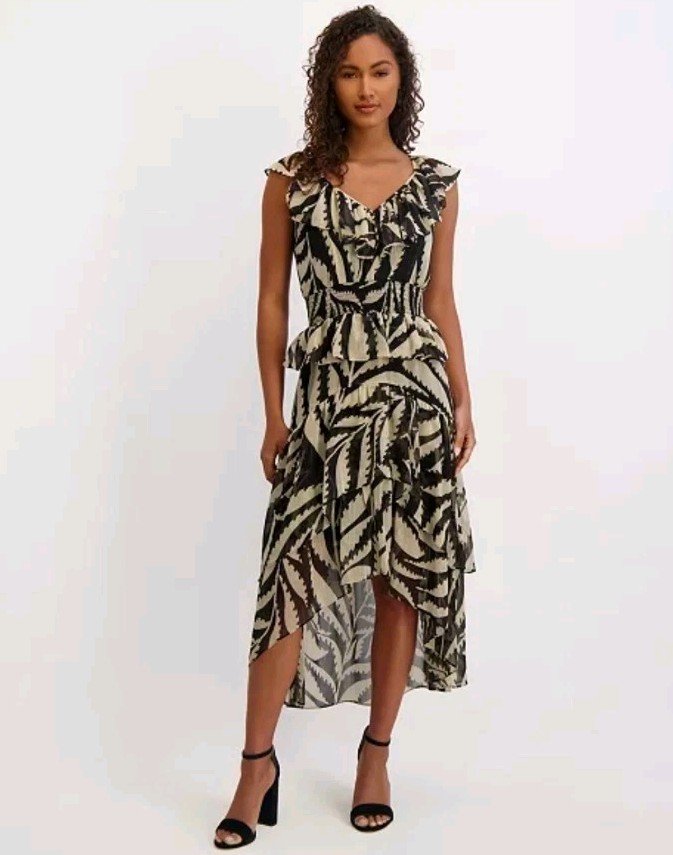 Kensie Dress Size 2 Black Beige Ruffle V Neck Midi Fit Flare Sheer Overlay $129