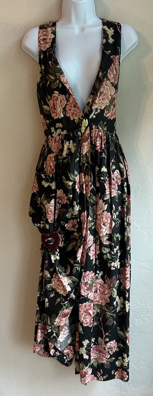 Vintage 80s 90s Pineapple Patch Overall Dress XS Midi Asymmetrical Cottagecore