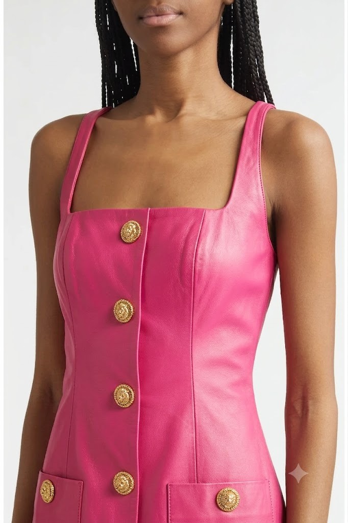 LUXURY Women’s Button Pink Leather Mini Dress 100% Pure Sheepskin Party Dressess